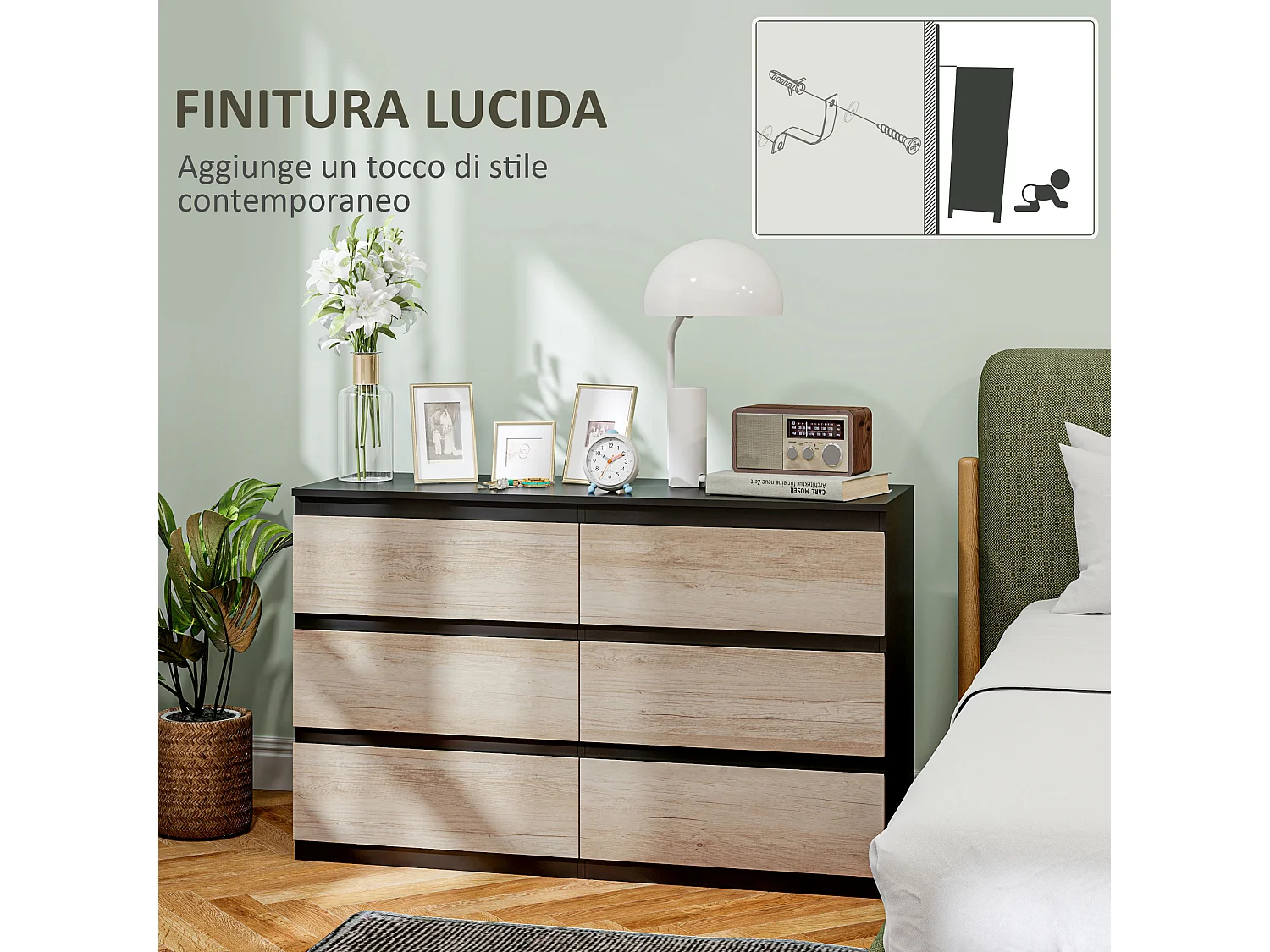 Cassettiera 6 cassetti per camera da letto nera e color legno