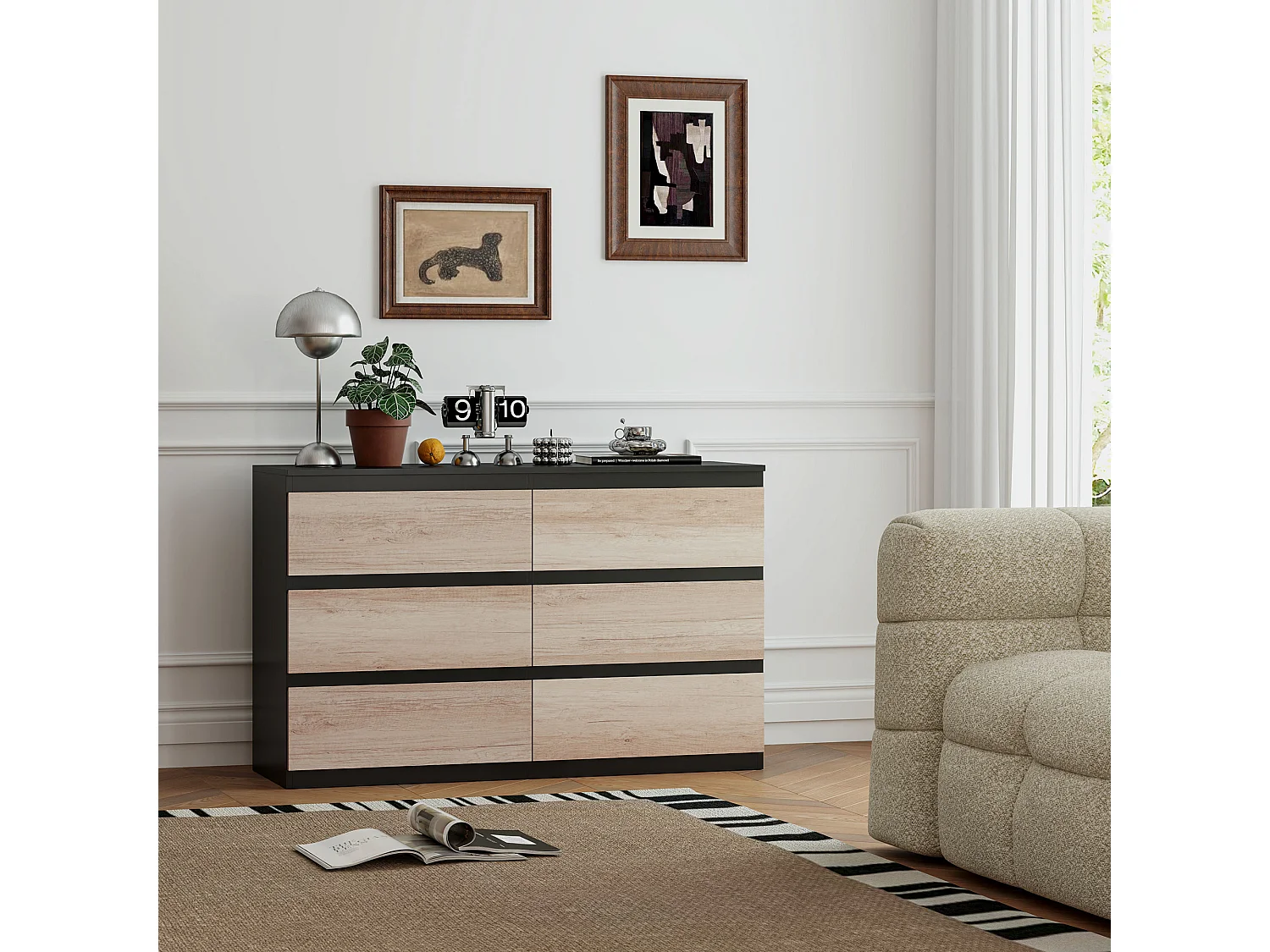 Cassettiera 6 cassetti per camera da letto nera e color legno