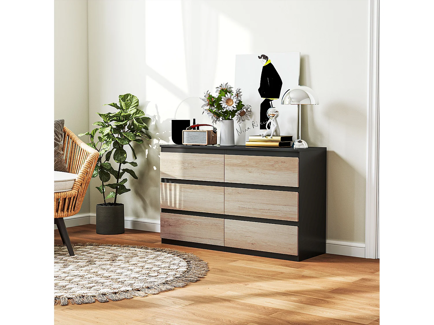 Cassettiera 6 cassetti per camera da letto nera e color legno
