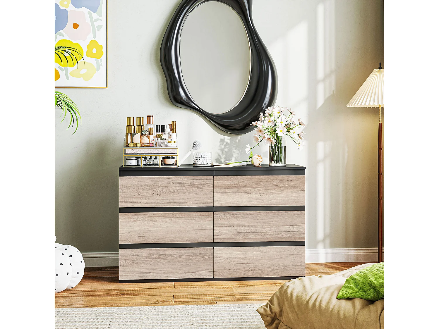 Cassettiera 6 cassetti per camera da letto nera e color legno