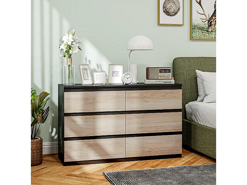 Cassettiera 6 cassetti per camera da letto nera e color legno