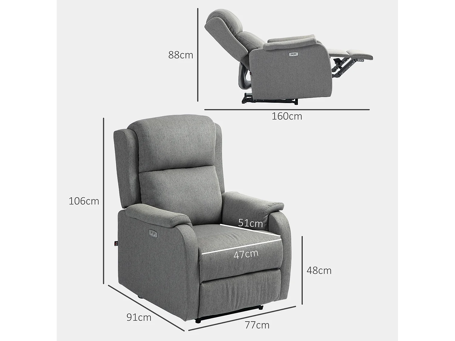 Poltrona reclinabile con poggiapiedi tessuto simil lino grigio scuro