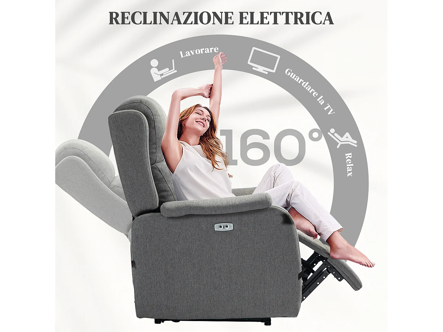 Poltrona reclinabile con poggiapiedi tessuto simil lino grigio scuro