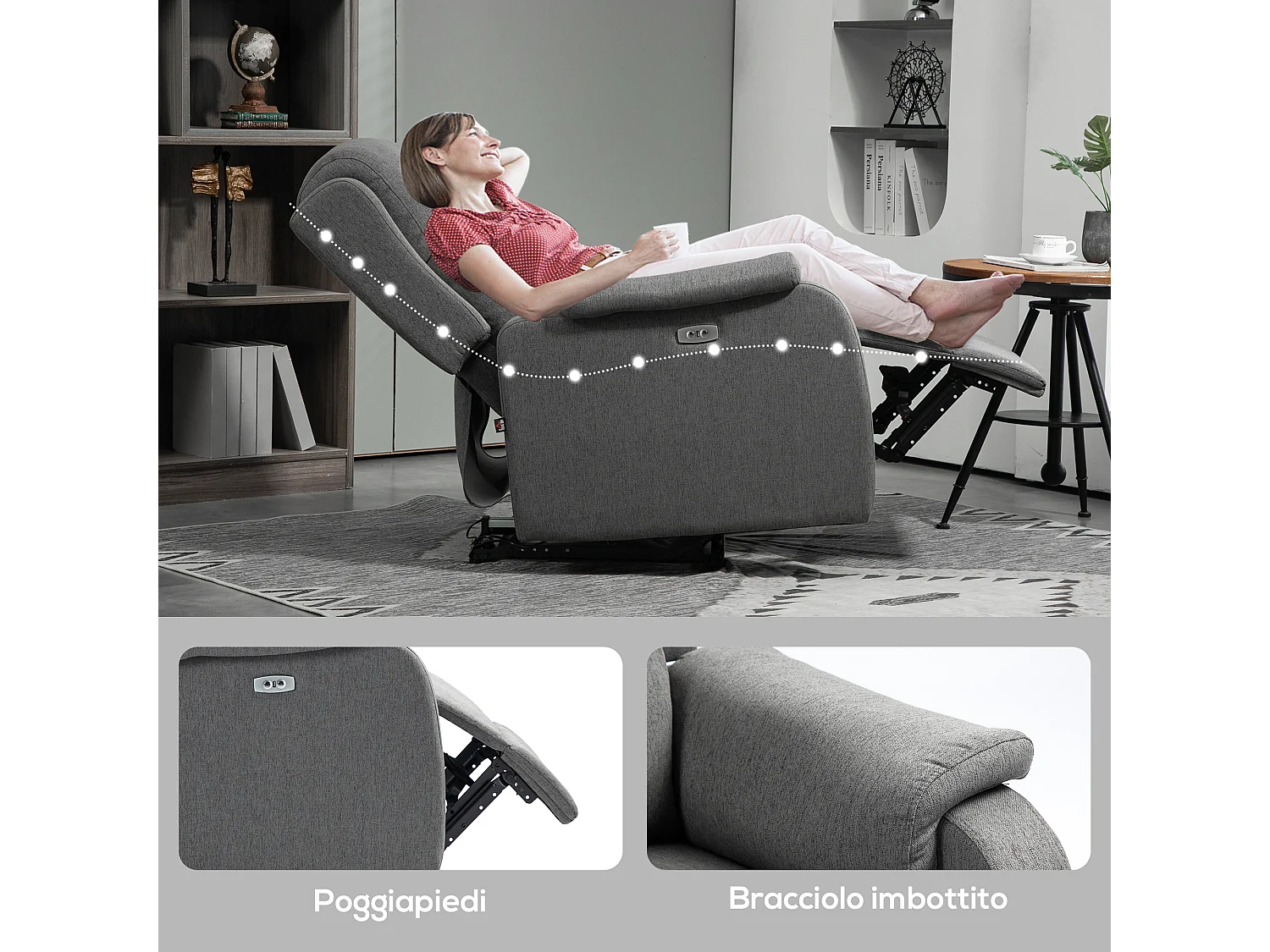 Poltrona reclinabile con poggiapiedi tessuto simil lino grigio scuro