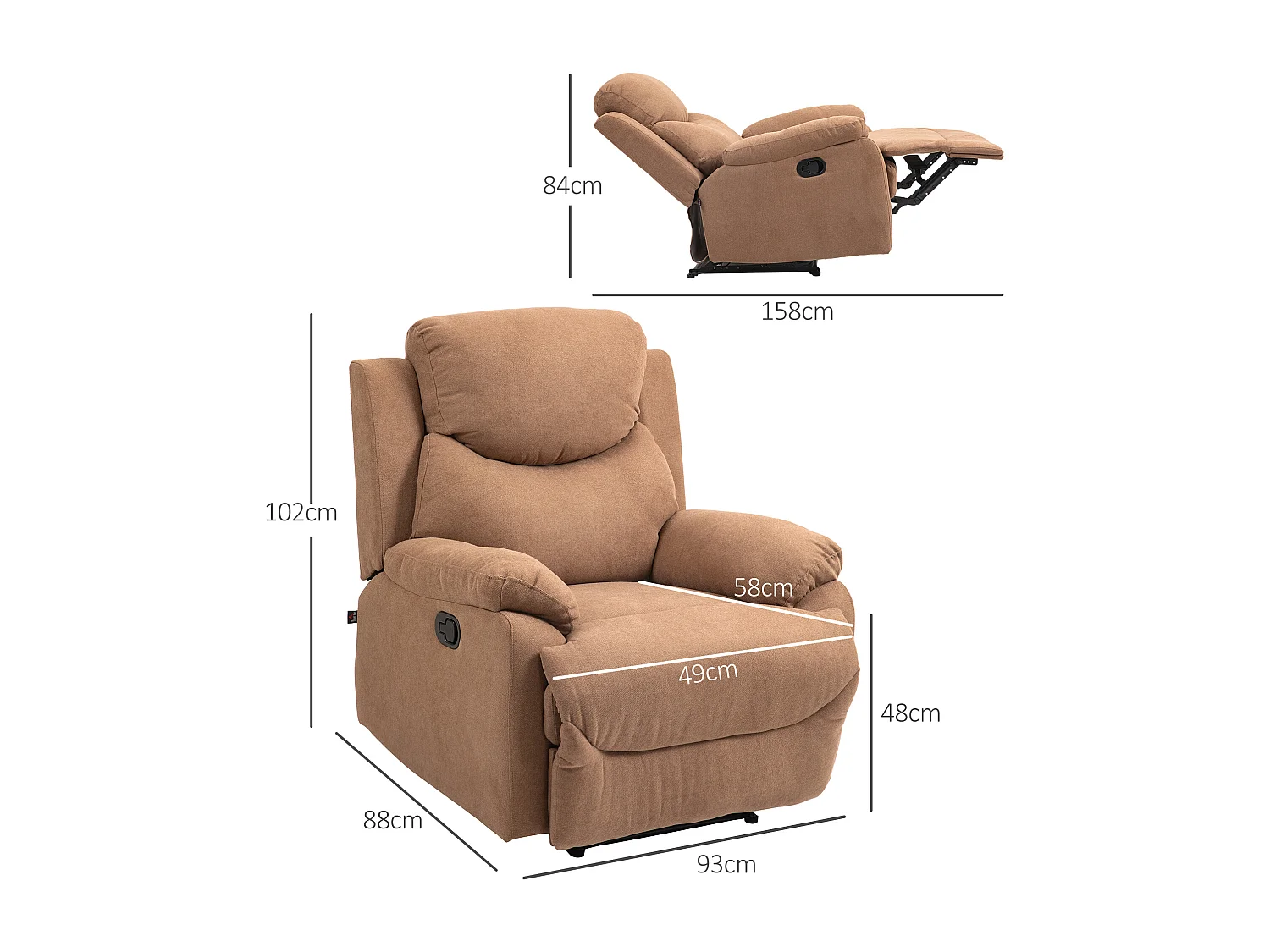 Poltrona relax reclinabile a 150° con poggiapiedi in tessuto marrone