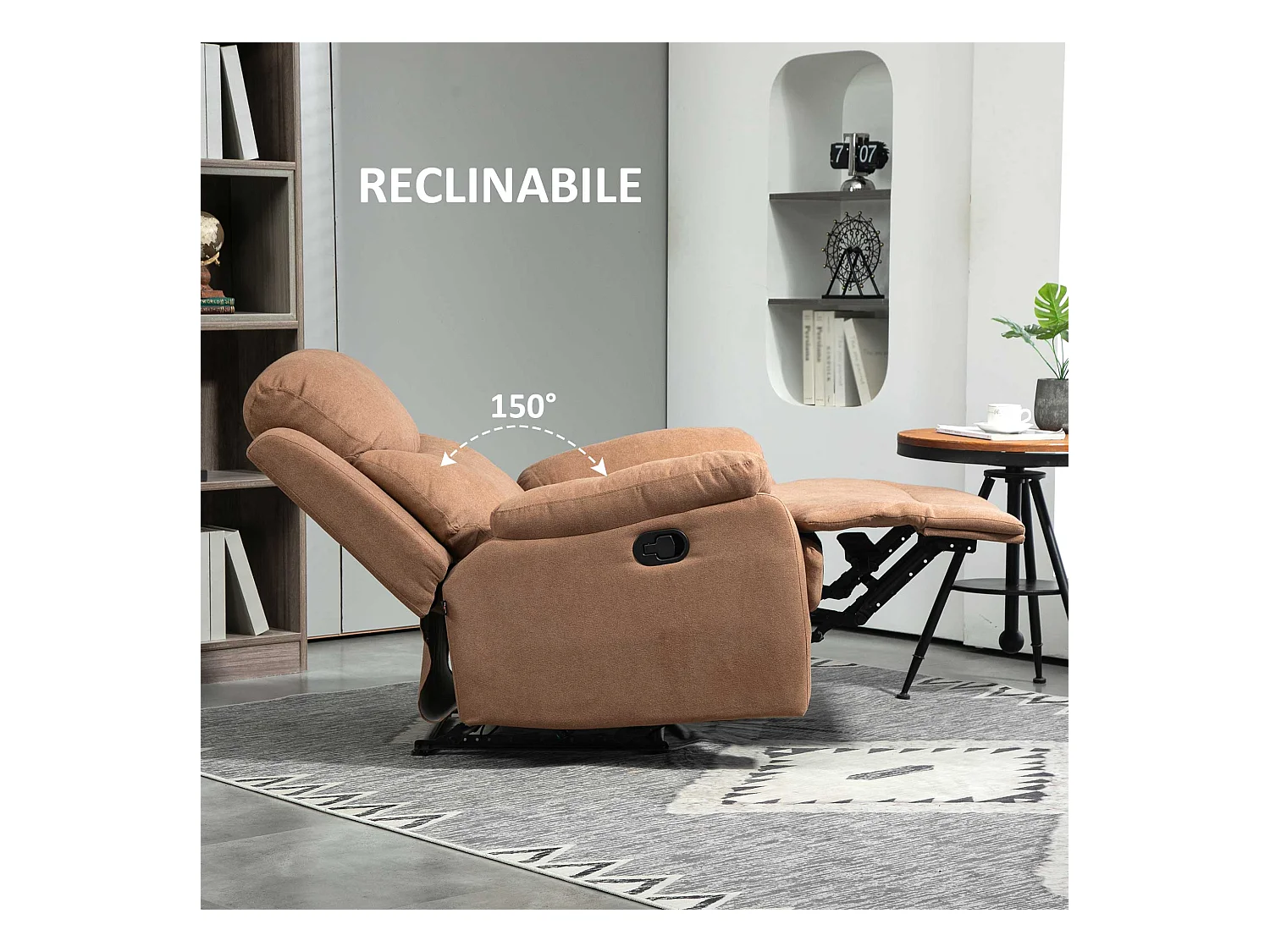 Poltrona relax reclinabile a 150° con poggiapiedi in tessuto marrone