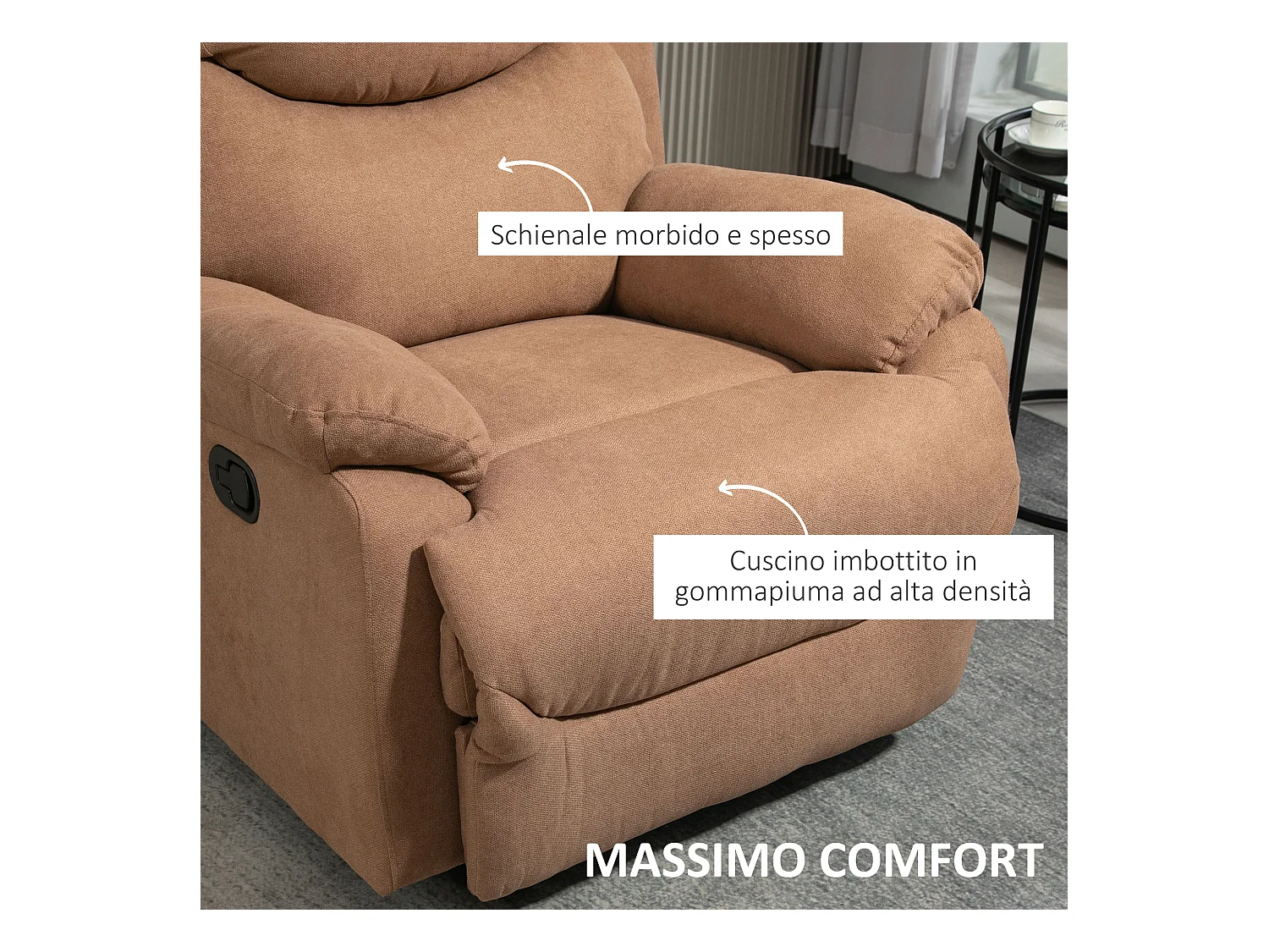 Poltrona relax reclinabile a 150° con poggiapiedi in tessuto marrone