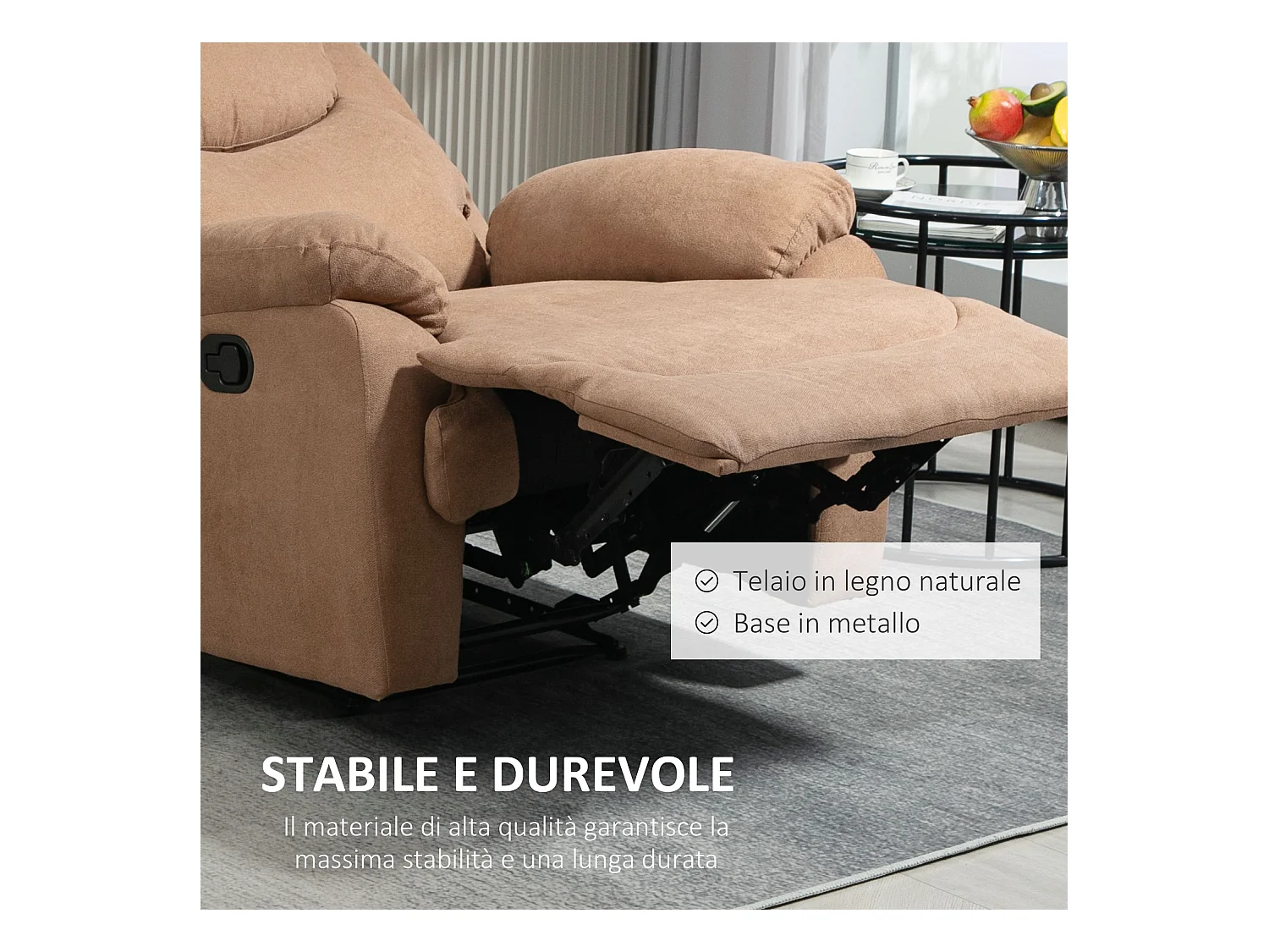 Poltrona relax reclinabile a 150° con poggiapiedi in tessuto marrone