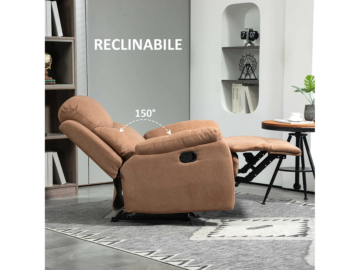 Poltrona relax reclinabile a 150° con poggiapiedi in tessuto marrone