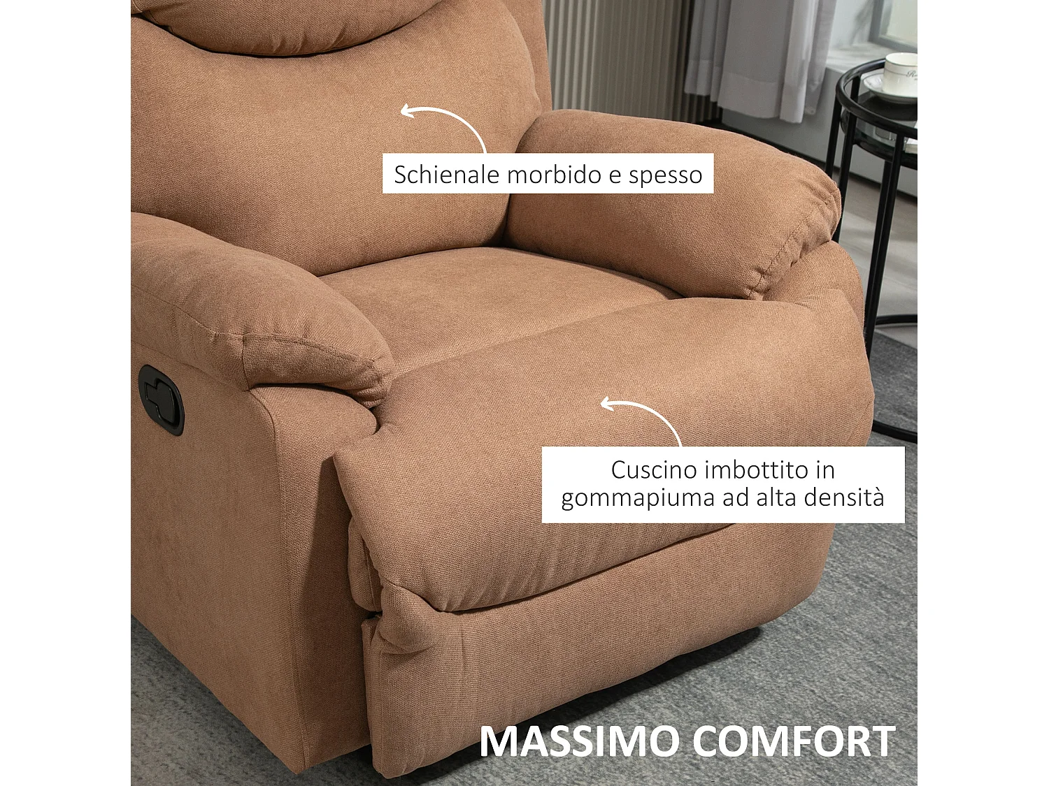 Poltrona relax reclinabile a 150° con poggiapiedi in tessuto marrone