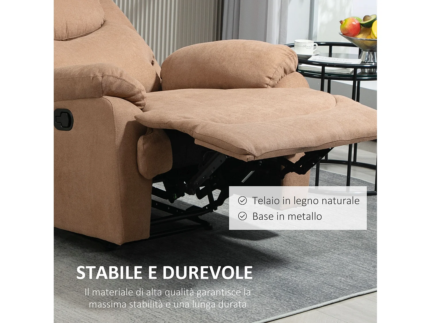 Poltrona relax reclinabile a 150° con poggiapiedi in tessuto marrone