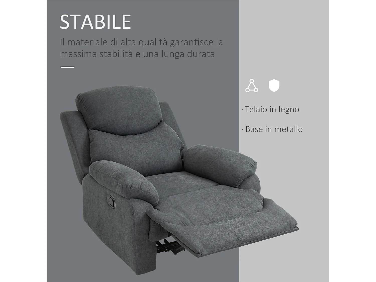 Poltrona relax manuale con schienale reclinabile in lino grigio