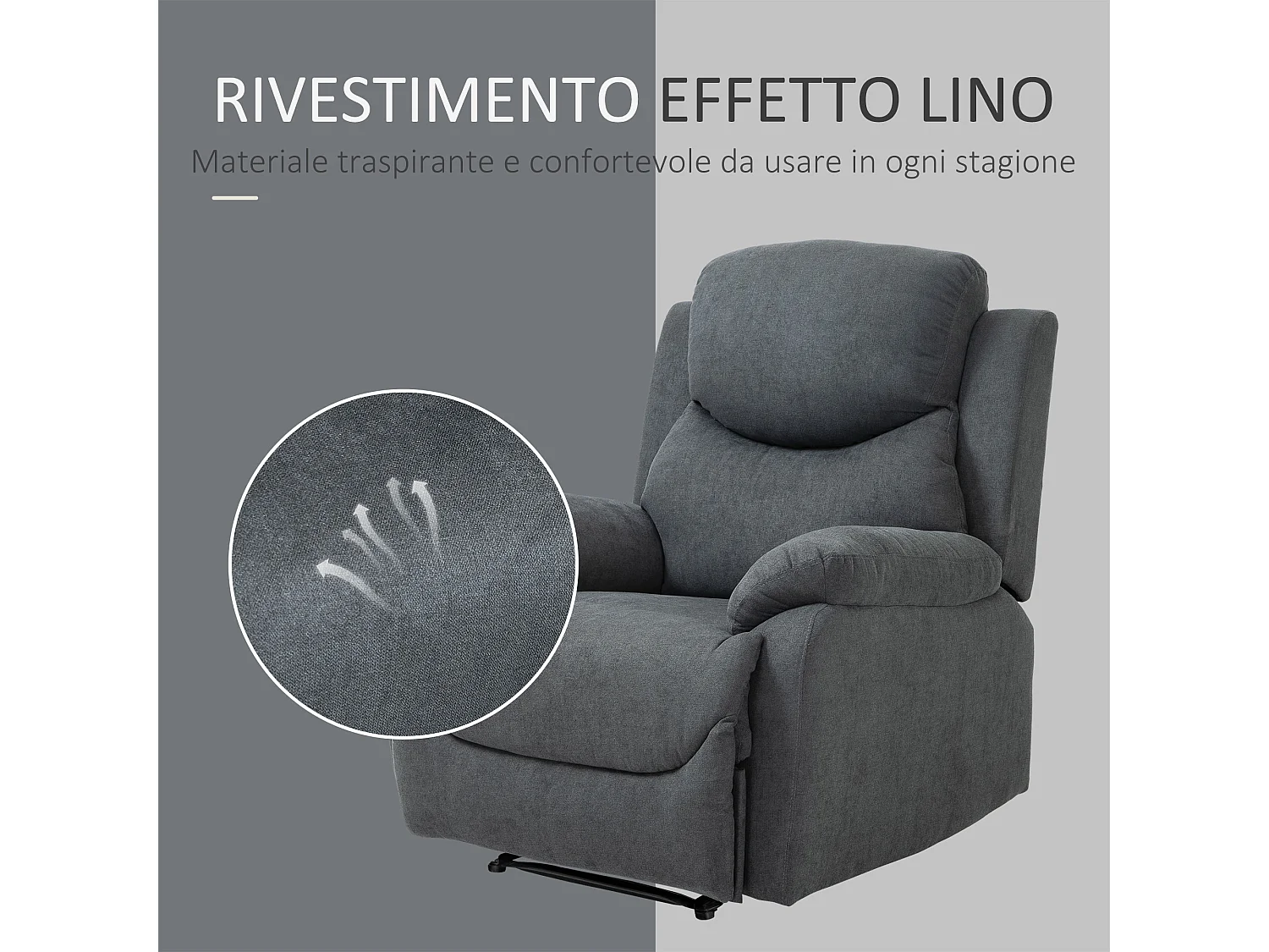 Poltrona relax manuale con schienale reclinabile in lino grigio