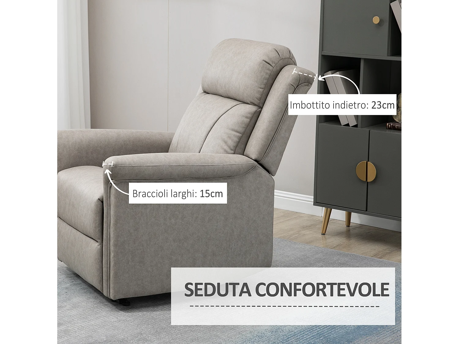 Poltrona reclinabile 135° con poggiapiedi e poggiatesta grigio