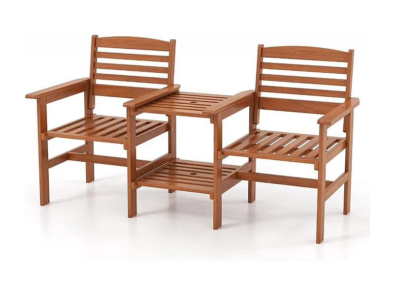 Divano a 2 posti da esterno con tavolo, Set da conversazione in legno con tavolino e foro per ombrellone 159,5x61,5x88cm