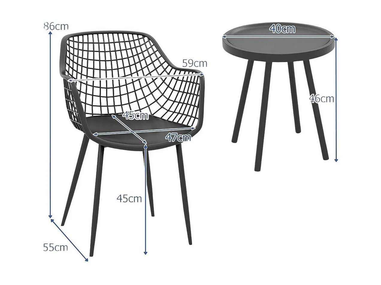 3-teiliges Terrassenmöbel-Set Bistrostühle und Beistelltisch mit Sitzflächen + Tischplatte aus PP Schwarz
