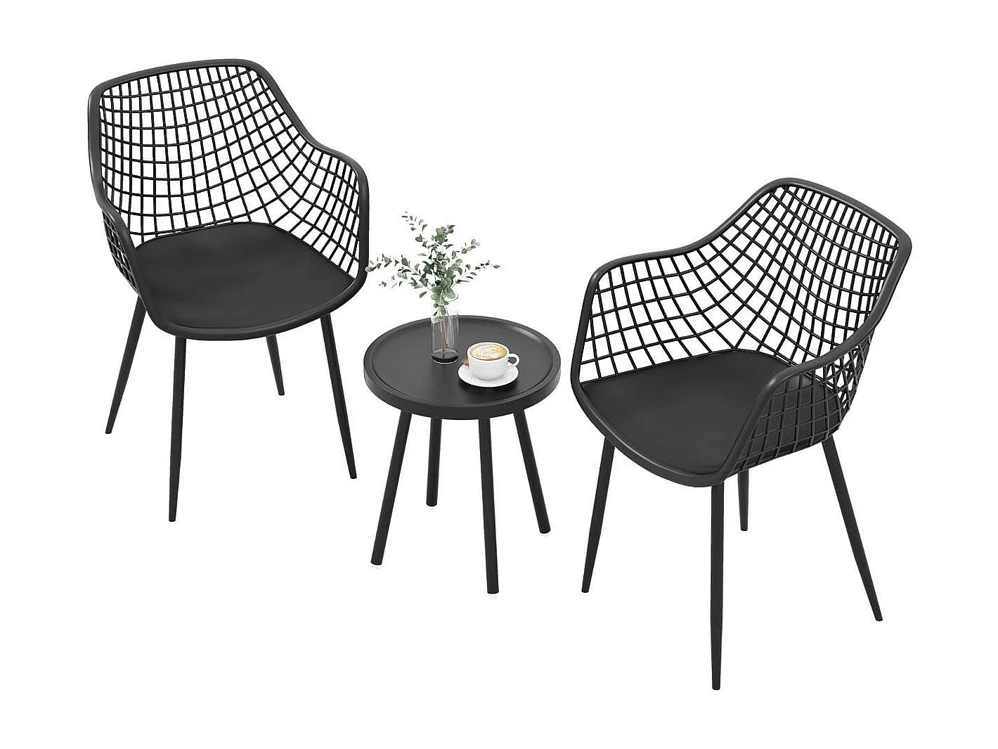3-teiliges Terrassenmöbel-Set Bistrostühle und Beistelltisch mit Sitzflächen + Tischplatte aus PP Schwarz