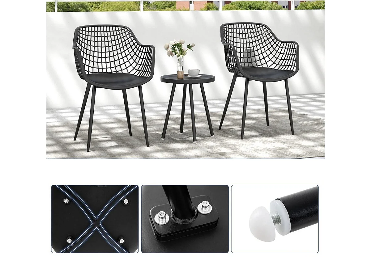 3-teiliges Terrassenmöbel-Set Bistrostühle und Beistelltisch mit Sitzflächen + Tischplatte aus PP Schwarz