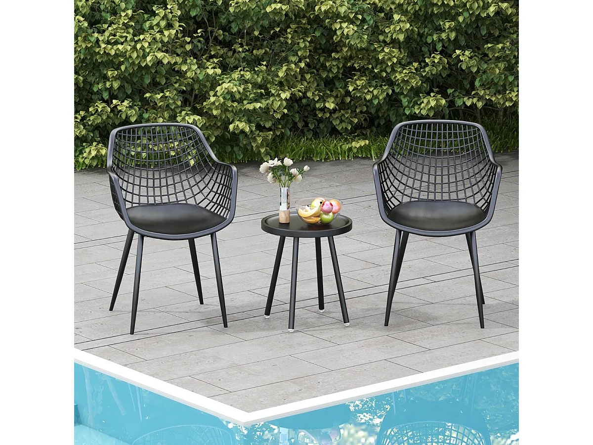 3-teiliges Terrassenmöbel-Set Bistrostühle und Beistelltisch mit Sitzflächen + Tischplatte aus PP Schwarz