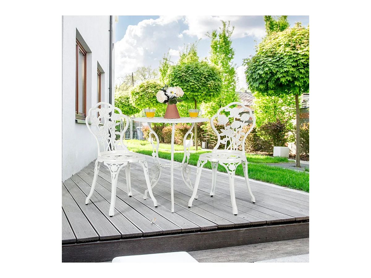 3-tlg. Gartenmöbel Set Balkonset mit 2 Stühle & Tisch aus Aluminiumguss & Gusseisen Weiß