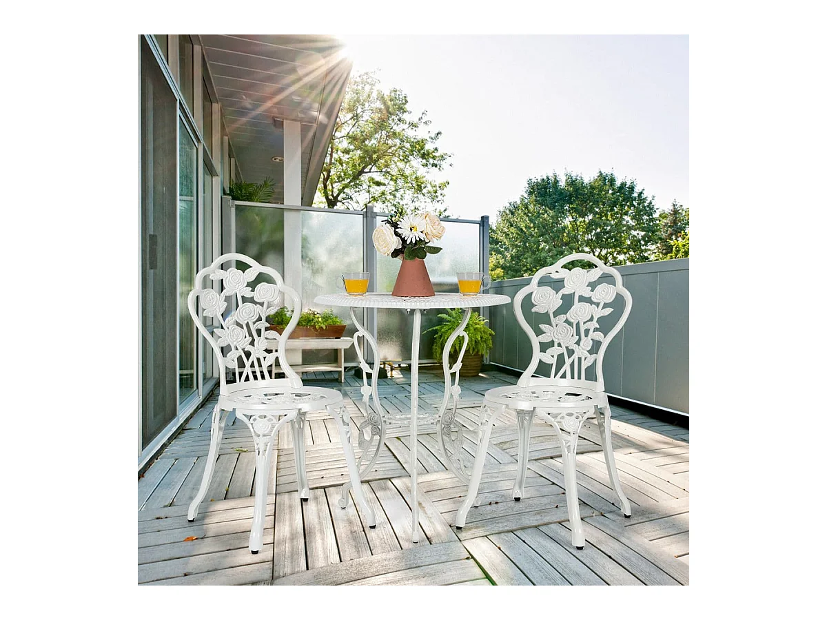 3-tlg. Gartenmöbel Set Balkonset mit 2 Stühle & Tisch aus Aluminiumguss & Gusseisen Weiß