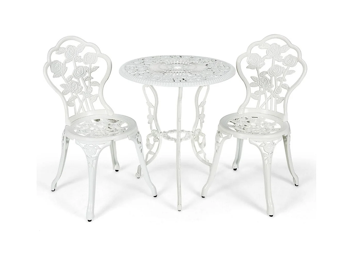 Set 3 pezzi da esterno in ghisa e alluminio, Tavolo con foro per ombrellone e 2 sedie da giardino Bianco