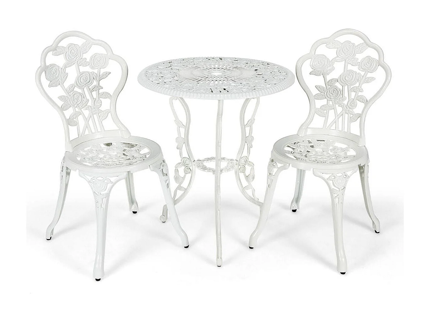 Set 3 pezzi da esterno in ghisa e alluminio, Tavolo con foro per ombrellone e 2 sedie da giardino Bianco