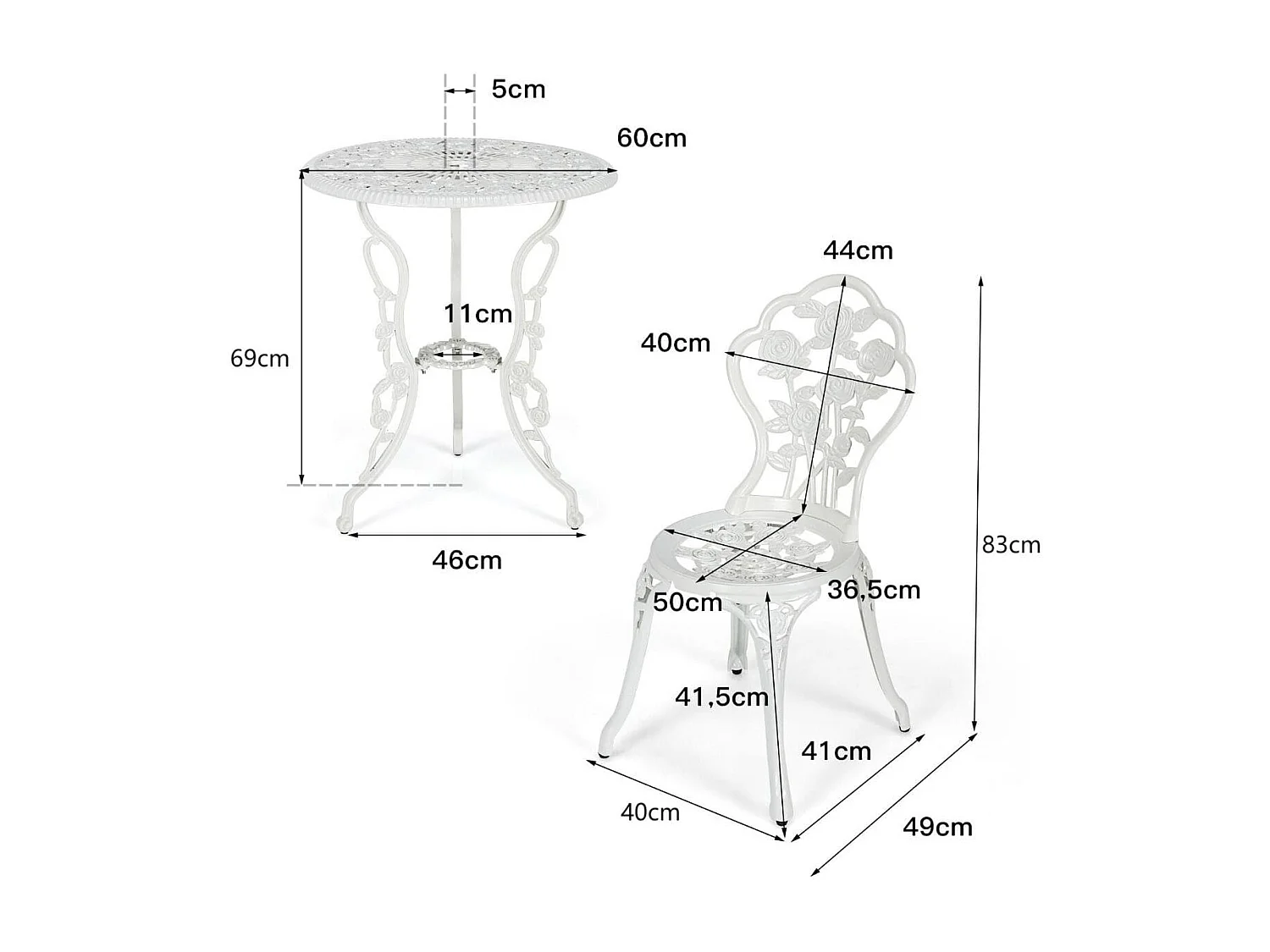 Set 3 pezzi da esterno in ghisa e alluminio, Tavolo con foro per ombrellone e 2 sedie da giardino Bianco