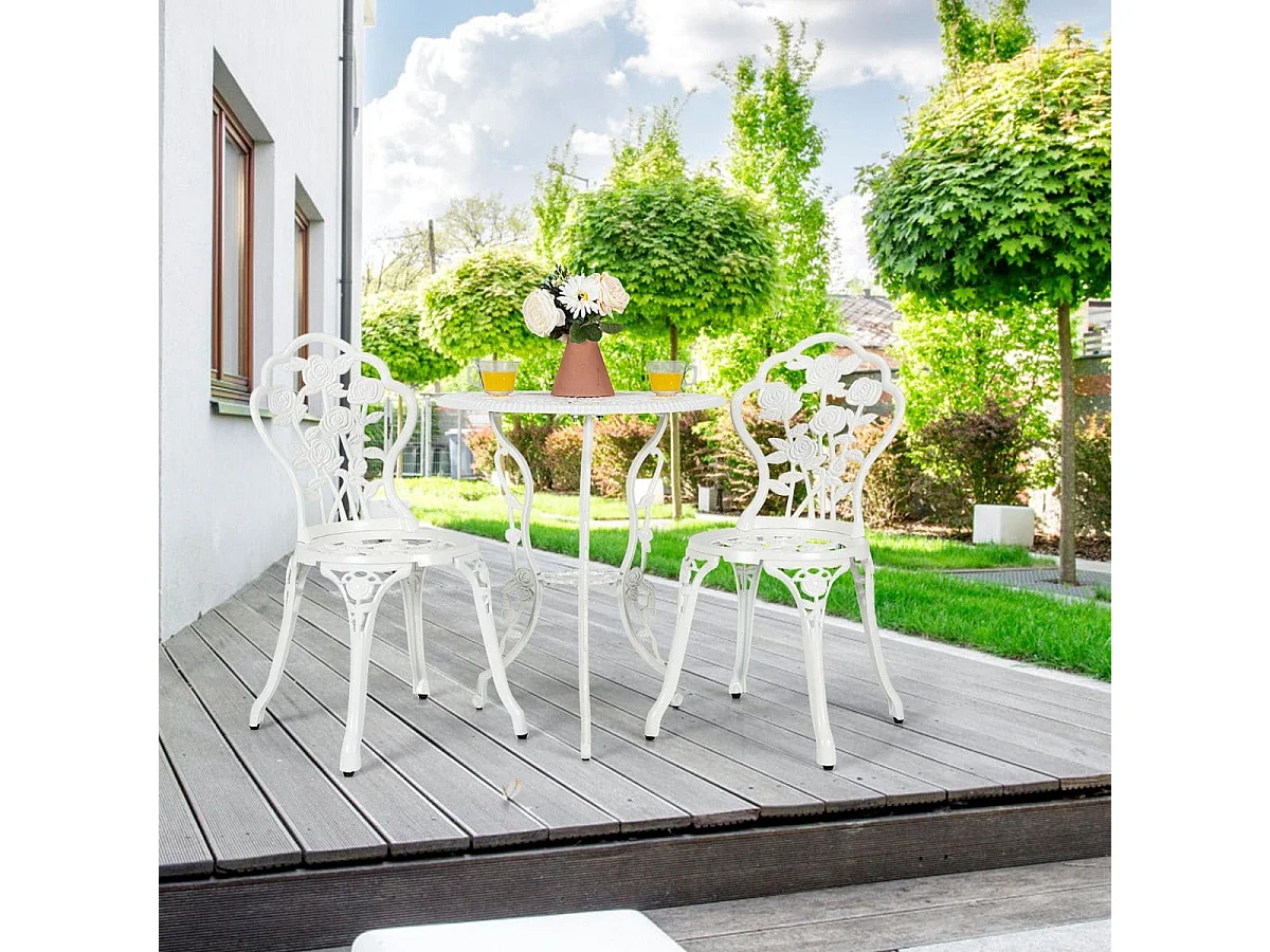 Set 3 pezzi da esterno in ghisa e alluminio, Tavolo con foro per ombrellone e 2 sedie da giardino Bianco