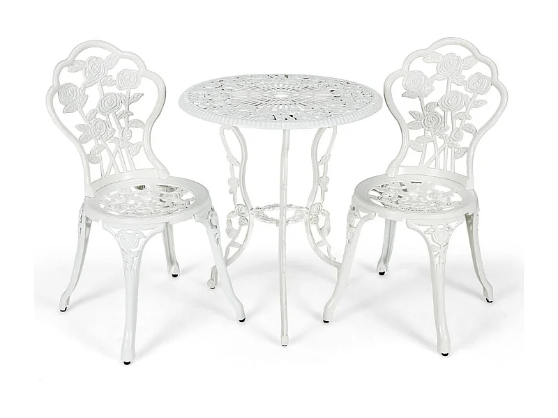 Set 3 pezzi da esterno in ghisa e alluminio, Tavolo con foro per ombrellone e 2 sedie da giardino Bianco