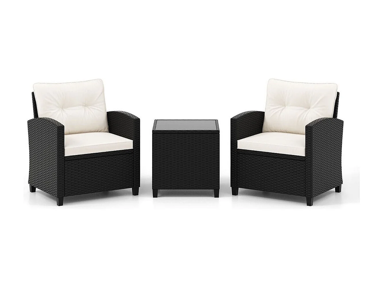 Set da giardino 3 pezzi in rattan con cuscini morbidi, Set di seduta in rattan per giardino e piscina Bianco
