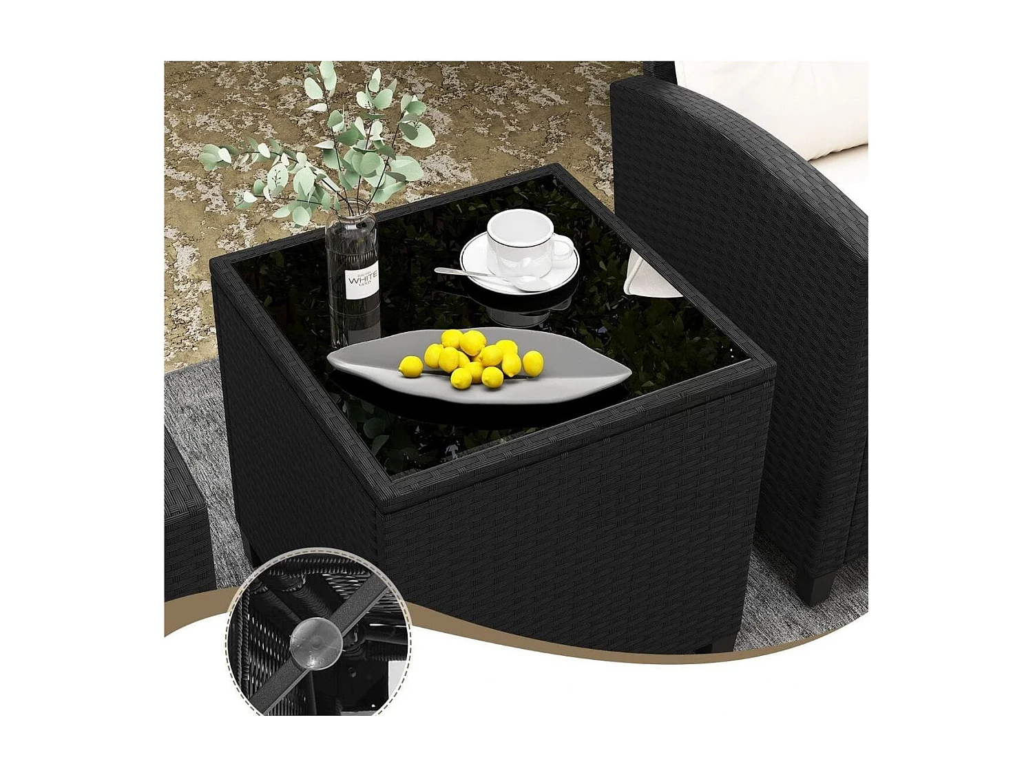 Set da giardino 3 pezzi in rattan con cuscini morbidi, Set di seduta in rattan per giardino e piscina Bianco