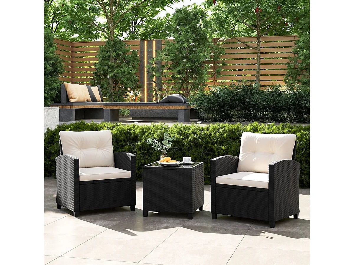 Set da giardino 3 pezzi in rattan con cuscini morbidi, Set di seduta in rattan per giardino e piscina Bianco