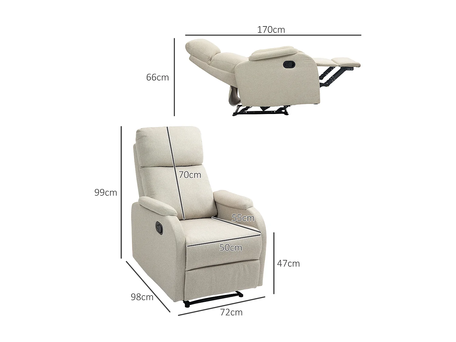 Poltrona reclinabile manualmente con poggiapiedi in tessuto beige