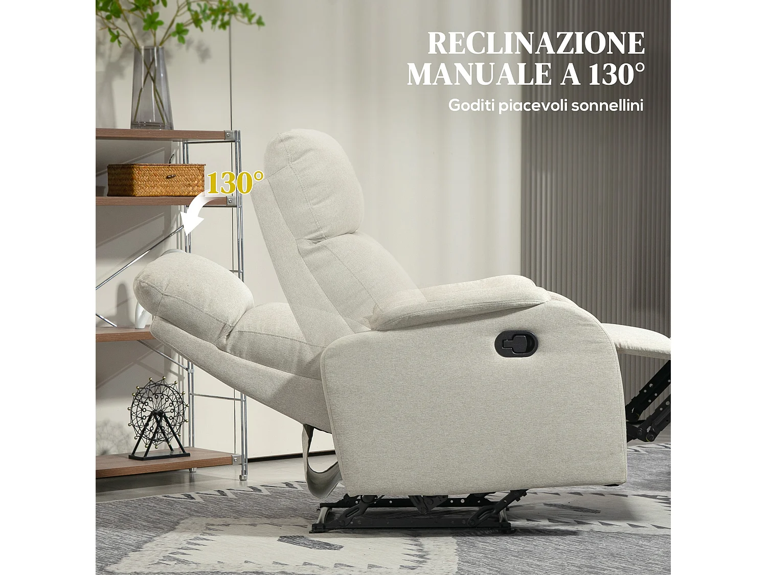 Poltrona reclinabile manualmente con poggiapiedi in tessuto beige