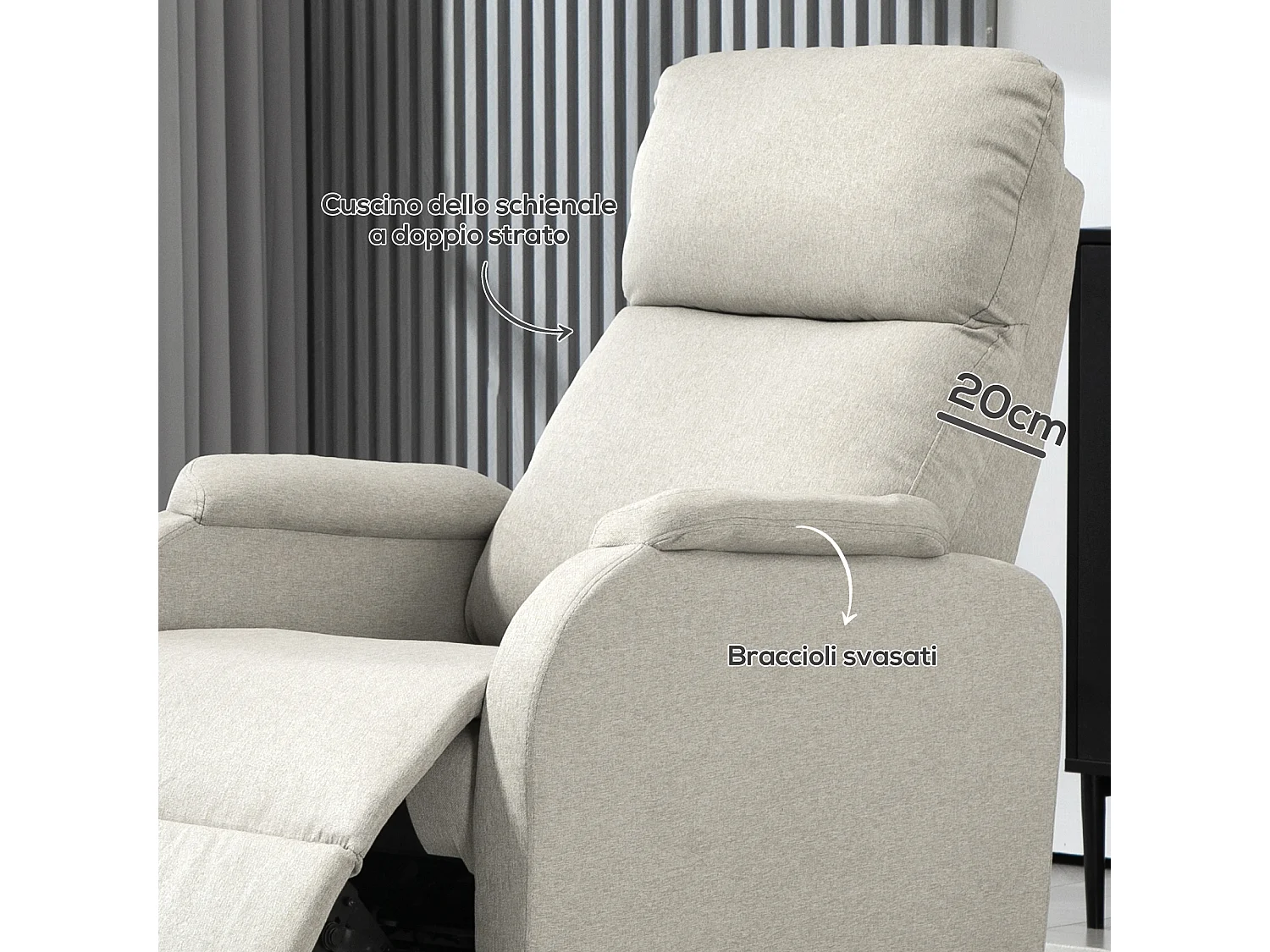 Poltrona reclinabile manualmente con poggiapiedi in tessuto beige