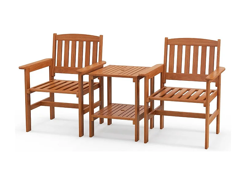 Ensemble de Meubles de Patio 2 Places en Bois Salon de Jardin avec 2 Chaises Table Basse et Trou pour Parasol