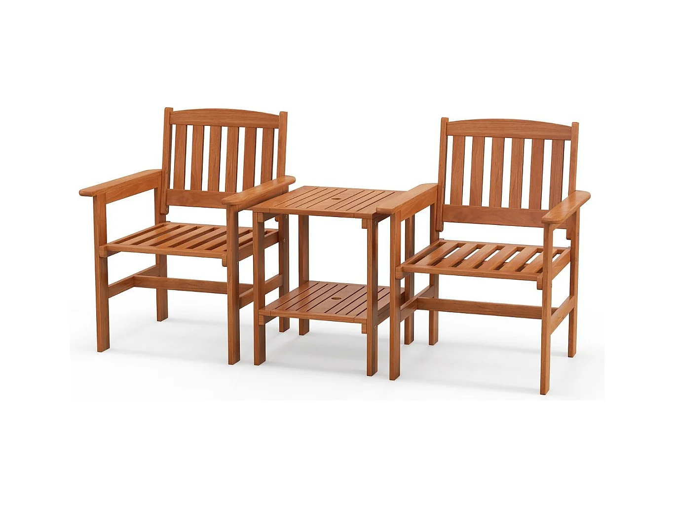Ensemble de Meubles de Patio 2 Places en Bois Salon de Jardin avec 2 Chaises Table Basse et Trou pour Parasol