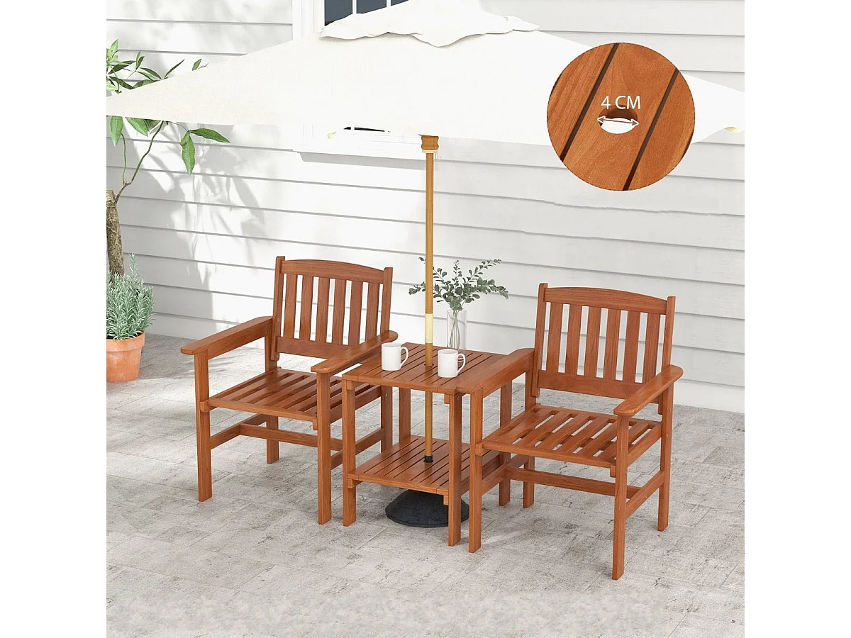 3-tlg Bistro-Set aus Holz mit 2 Stühlen & Tisch & Loch für Sonnenschirm Sitzgarnitur Sitzgruppe