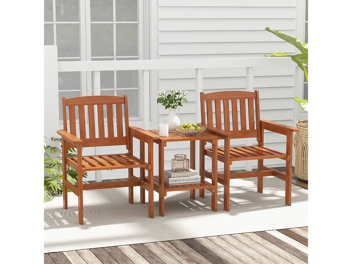 3-tlg Bistro-Set aus Holz mit 2 Stühlen & Tisch & Loch für Sonnenschirm Sitzgarnitur Sitzgruppe