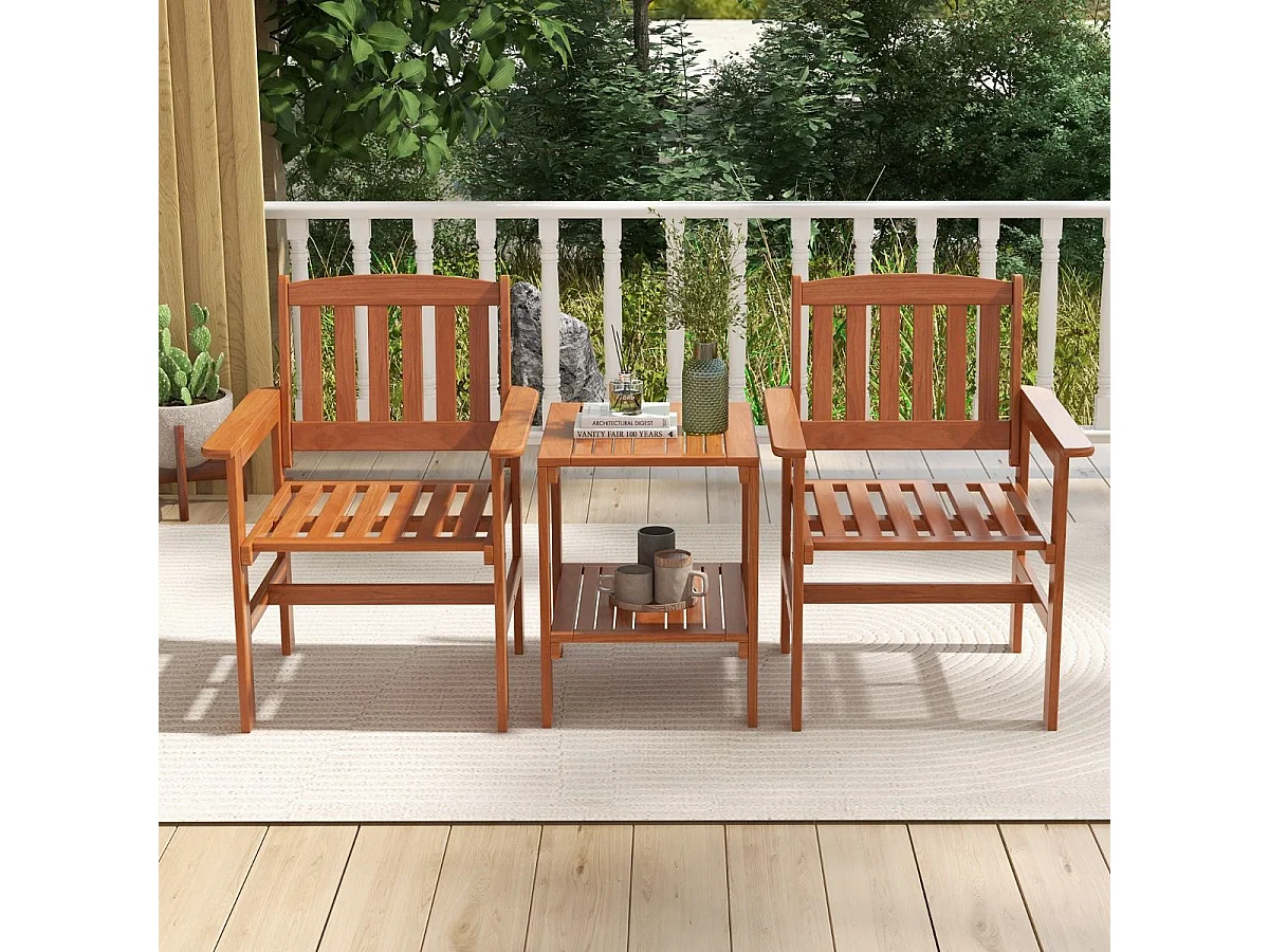 3-tlg Bistro-Set aus Holz mit 2 Stühlen & Tisch & Loch für Sonnenschirm Sitzgarnitur Sitzgruppe