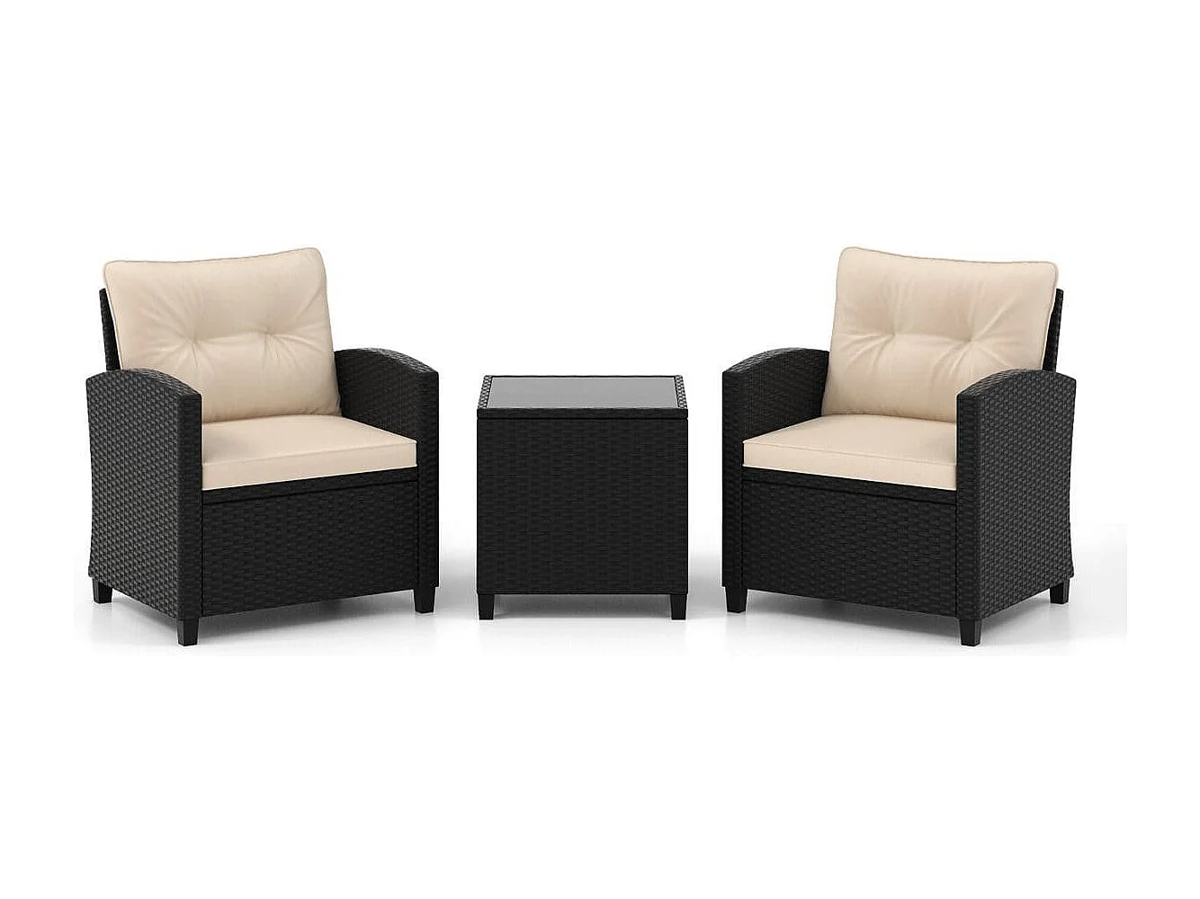 Set da giardino 3 pezzi in rattan con cuscini morbidi, Set di seduta in rattan per giardino e piscina Beige