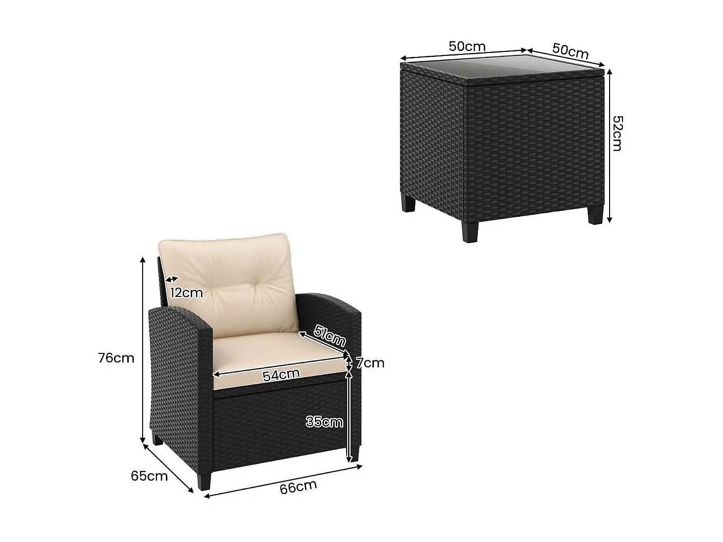 Set da giardino 3 pezzi in rattan con cuscini morbidi, Set di seduta in rattan per giardino e piscina Beige
