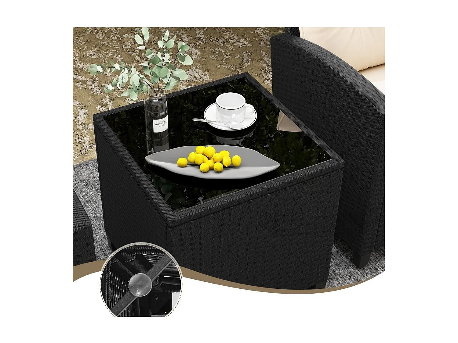 Set da giardino 3 pezzi in rattan con cuscini morbidi, Set di seduta in rattan per giardino e piscina Beige
