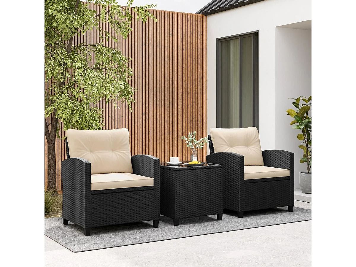 Set da giardino 3 pezzi in rattan con cuscini morbidi, Set di seduta in rattan per giardino e piscina Beige