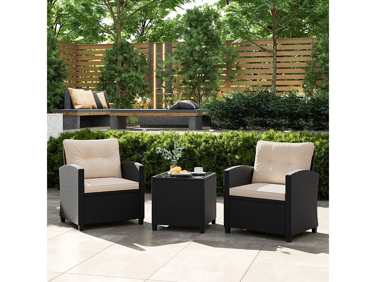 Set da giardino 3 pezzi in rattan con cuscini morbidi, Set di seduta in rattan per giardino e piscina Beige