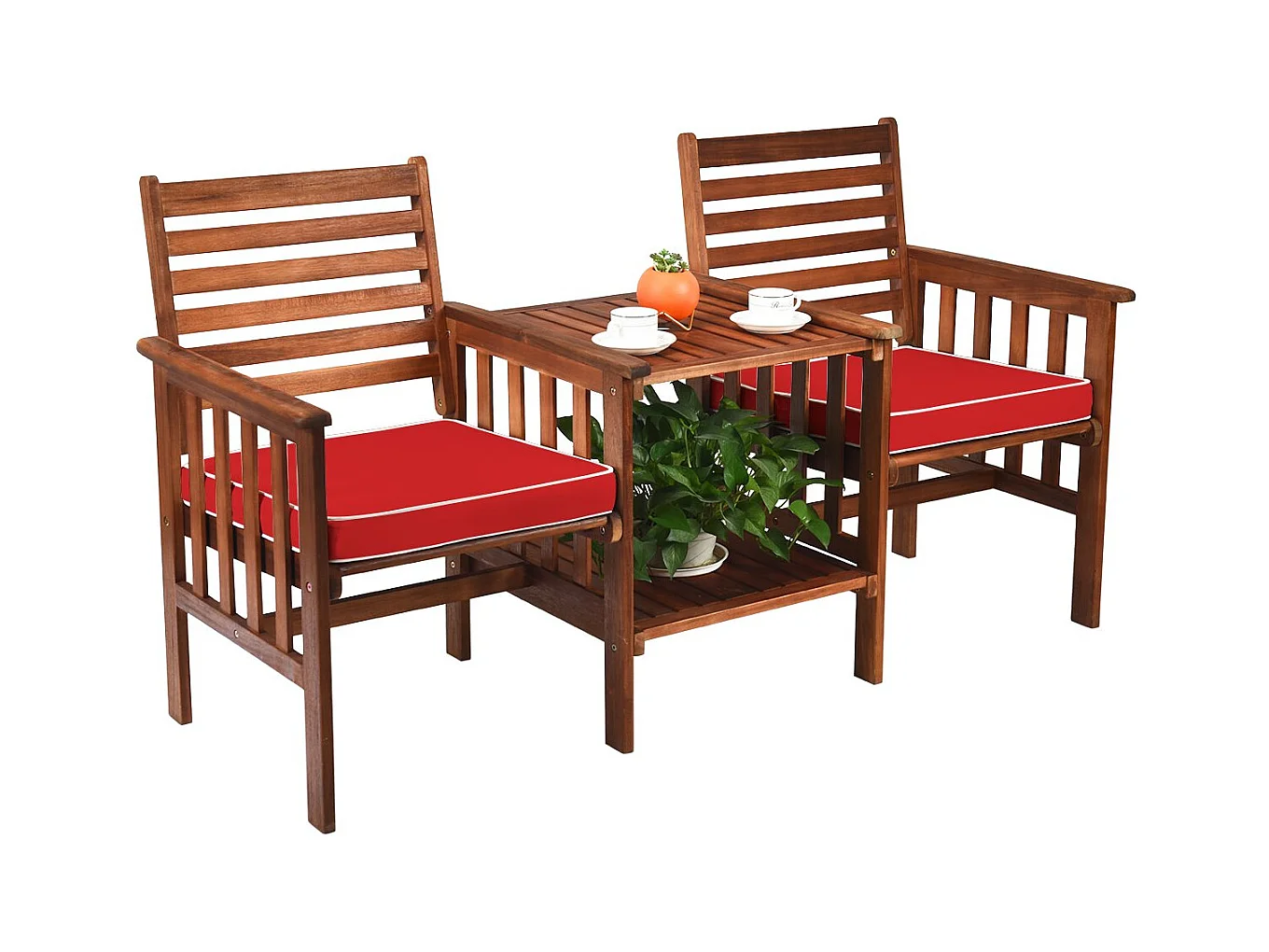 Salon de Jardin en Bois d'Acacia 2 Personnes Charge 160KG Ensemble de Meubles avec Table Basse 2 Chaises et Coussin Trou de Parasol de 5CM Rouge