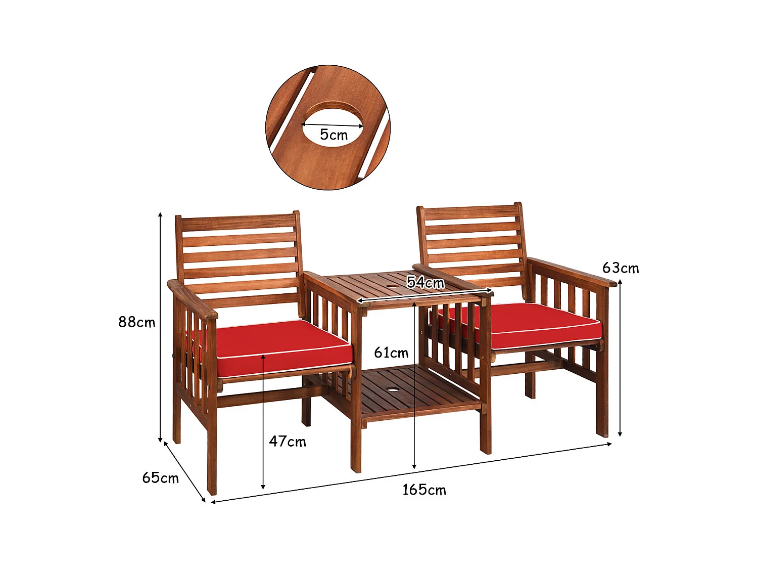 Salon de Jardin en Bois d'Acacia 2 Personnes Charge 160KG Ensemble de Meubles avec Table Basse 2 Chaises et Coussin Trou de Parasol de 5CM Rouge