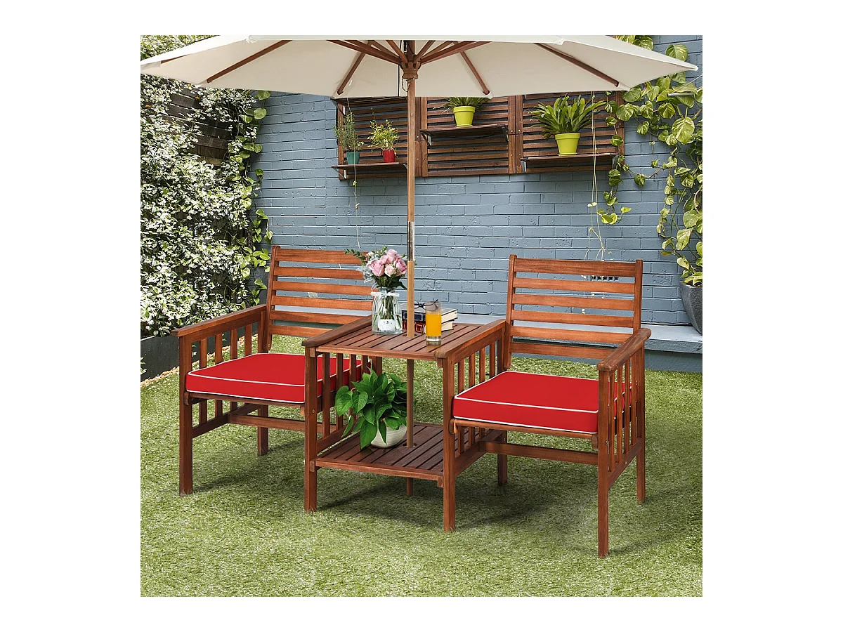 Salon de Jardin en Bois d'Acacia 2 Personnes Charge 160KG Ensemble de Meubles avec Table Basse 2 Chaises et Coussin Trou de Parasol de 5CM Rouge