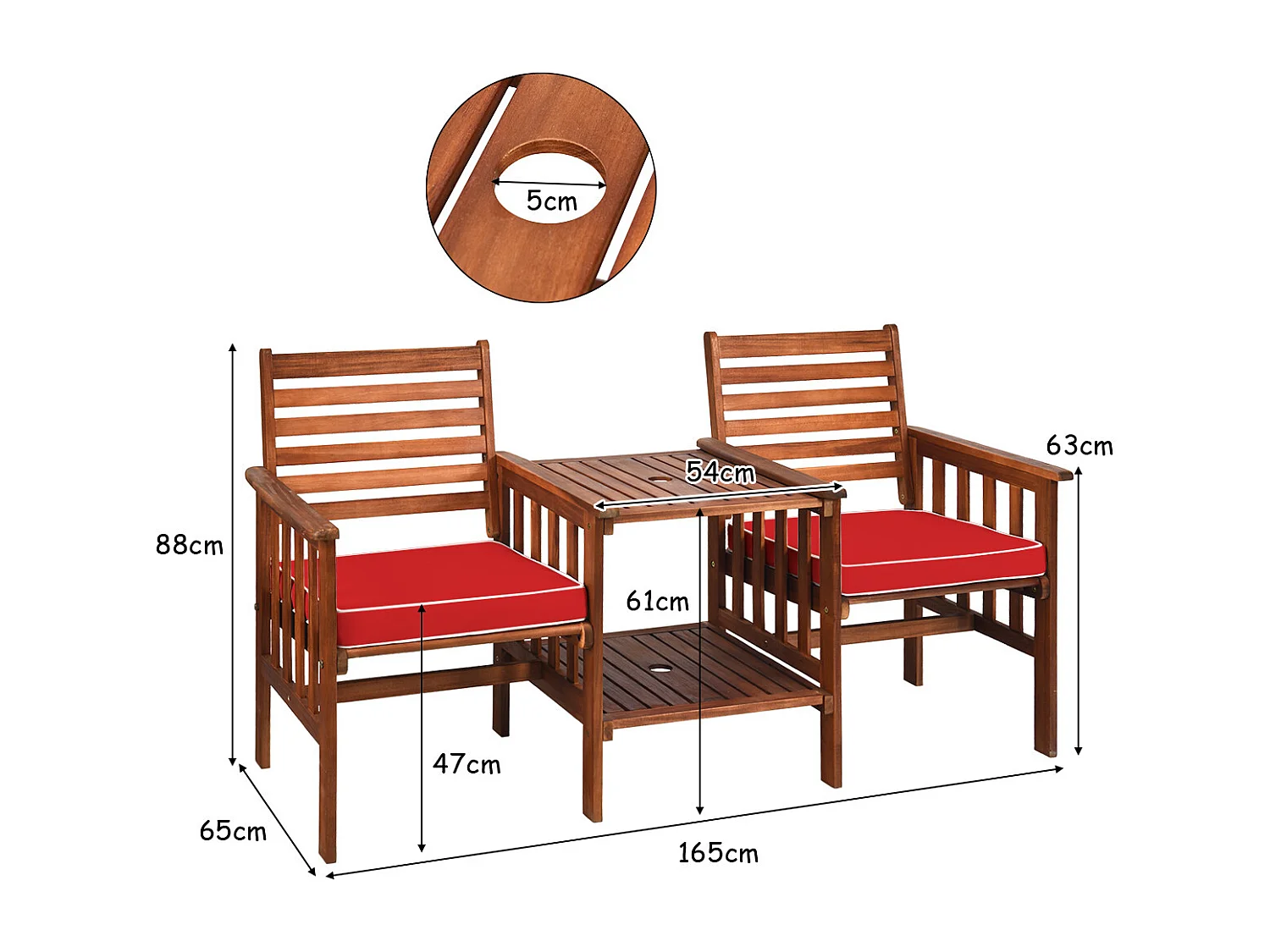 Gartenbank mit Tisch 2-Sitzer Holzbank mit Sitzkissen & Schirmloch Rot
